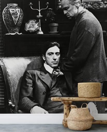 mural de papel de parede preto e branco do padrinho chamado Al Pacino & Marlon Brando (O Poderoso Chefão) para quartos e escritórios