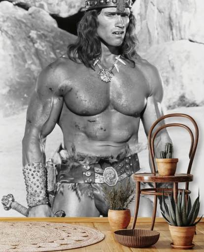 papier peint mural noir et blanc de Conan le Destructeur intitulé Arnold Schwarzenegger (Conan le Destructeur)