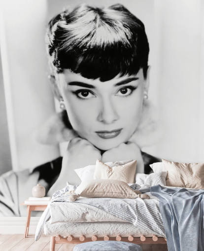 mural de papel de parede de filme em preto e branco chamado Audrey Hepburn para quartos, salas de estar e escritórios domésticos mural de papel de parede de filme em preto e branco chamado Audrey Hepburn para quartos, salas de estar e escritórios domésticos
