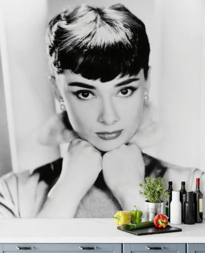 black and white movie wallpaper mural called Audrey Hepburn for bedrooms, living rooms and home offices