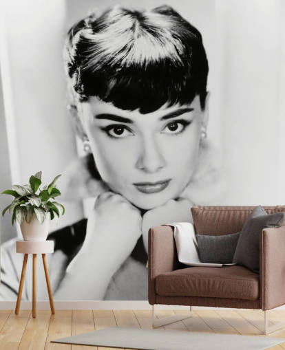 carta da parati murale in bianco e nero chiamata Audrey Hepburn per camere da letto, salotti e uffici domestici