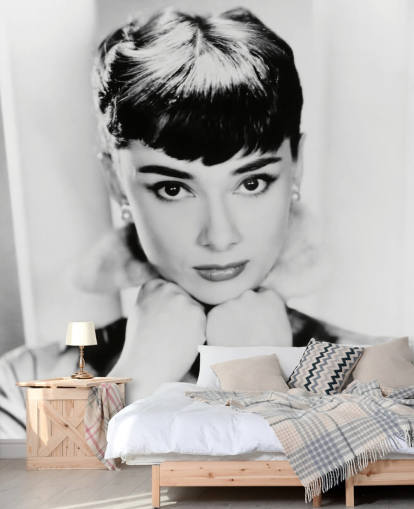 black and white movie wallpaper mural called Audrey Hepburn for bedrooms, living rooms and home offices