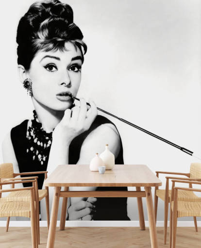 black and white audrey hepburn wallpaper mural called Audrey Hepburn (Breakfast at Tiffany's) II for bedrooms, kitchens and offices black and white audrey hepburn wallpaper mural called Audrey Hepburn (Breakfast at Tiffany's) II for bedrooms, kitchens and offices