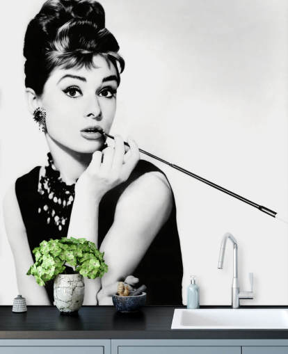 black and white audrey hepburn wallpaper mural called Audrey Hepburn (Breakfast at Tiffany's) II for bedrooms, kitchens and offices black and white audrey hepburn wallpaper mural called Audrey Hepburn (Breakfast at Tiffany's) II for bedrooms, kitchens and offices