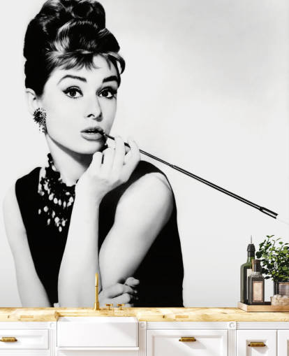 black and white audrey hepburn wallpaper mural called Audrey Hepburn (Breakfast at Tiffany's) II for bedrooms, kitchens and offices