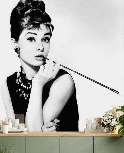 black and white audrey hepburn wallpaper mural called Audrey Hepburn (Breakfast at Tiffany's) II for bedrooms, kitchens and offices