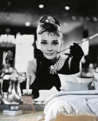 black and white movie wallpaper mural called Audrey Hepburn (Breakfast at Tiffany's) III for bedrooms, living rooms and home offices black and white movie wallpaper mural called Audrey Hepburn (Breakfast at Tiffany's) III for bedrooms, living rooms and home offices