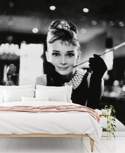 carta da parati murale in bianco e nero chiamata Audrey Hepburn (Colazione da Tiffany) III per camere da letto, salotti e uffici domestici