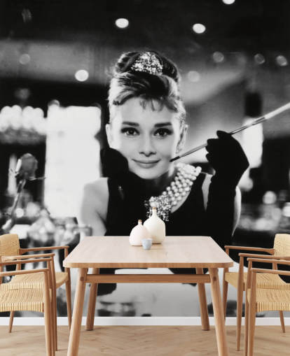 carta da parati murale in bianco e nero chiamata Audrey Hepburn (Colazione da Tiffany) III per camere da letto, salotti e uffici domestici carta da parati murale in bianco e nero chiamata Audrey Hepburn (Colazione da Tiffany) III per camere da letto, salotti e uffici domestici