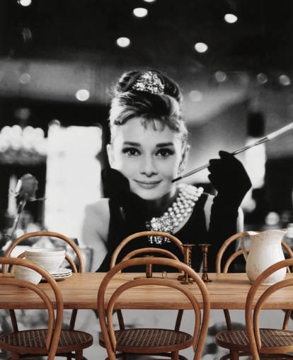 mural de papel pintado de película en blanco y negro llamado Audrey Hepburn (Desayuno con diamantes) III para dormitorios, salas de estar y oficinas en casa mural de papel pintado de película en blanco y negro llamado Audrey Hepburn (Desayuno con diamantes) III para dormitorios, salas de estar y oficinas en casa