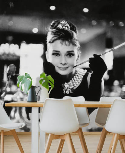 black and white movie wallpaper mural called Audrey Hepburn (Breakfast at Tiffany's) III for bedrooms, living rooms and home offices black and white movie wallpaper mural called Audrey Hepburn (Breakfast at Tiffany's) III for bedrooms, living rooms and home offices