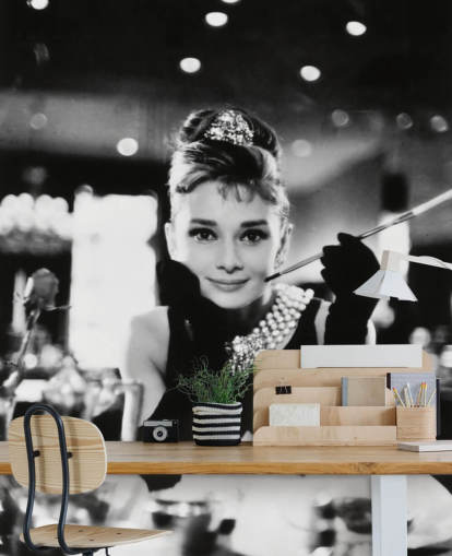 black and white movie wallpaper mural called Audrey Hepburn (Breakfast at Tiffany's) III for bedrooms, living rooms and home offices