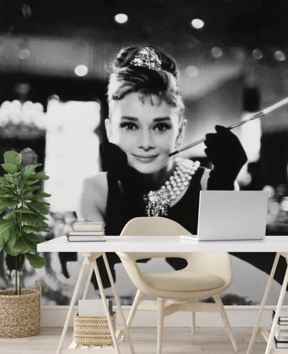 black and white movie wallpaper mural called Audrey Hepburn (Breakfast at Tiffany's) III for bedrooms, living rooms and home offices
