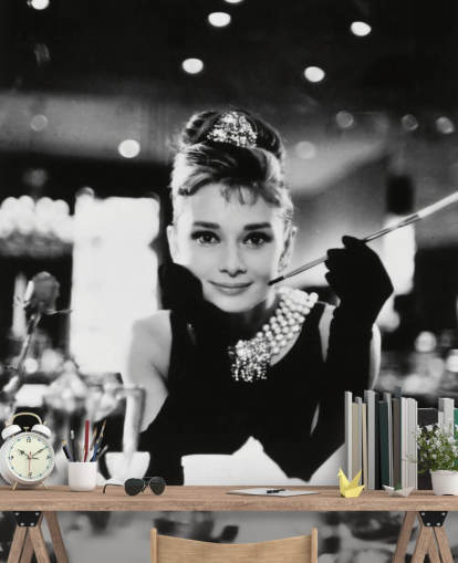 black and white movie wallpaper mural called Audrey Hepburn (Breakfast at Tiffany's) III for bedrooms, living rooms and home offices