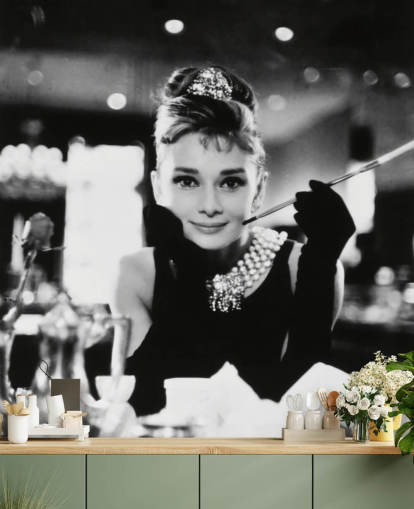 mustavalkoinen elokuvatapetti seinämaalaus nimeltä Audrey Hepburn (Breakfast at Tiffany's) III makuuhuoneisiin, olohuoneisiin ja kotitoimistoihin