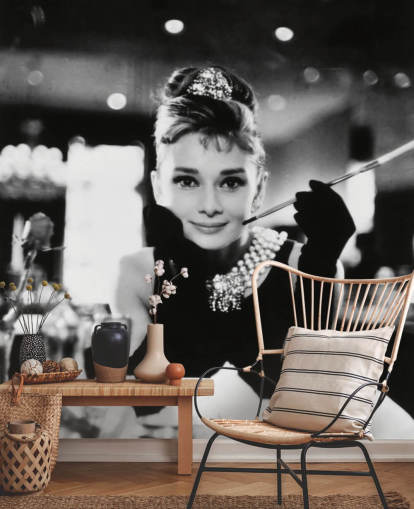 black and white movie wallpaper mural called Audrey Hepburn (Breakfast at Tiffany's) III for bedrooms, living rooms and home offices