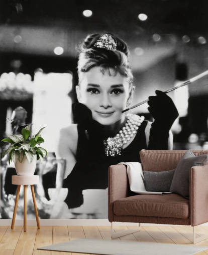 black and white movie wallpaper mural called Audrey Hepburn (Breakfast at Tiffany's) III for bedrooms, living rooms and home offices