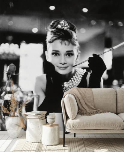black and white movie wallpaper mural called Audrey Hepburn (Breakfast at Tiffany's) III for bedrooms, living rooms and home offices black and white movie wallpaper mural called Audrey Hepburn (Breakfast at Tiffany's) III for bedrooms, living rooms and home offices