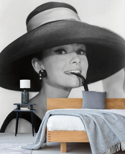 svart-hvitt frokost på tiffanys tapetmaleri kalt Audrey Hepburn (Frokost på Tiffany's) for soverom, bedrifter og kontorer svart-hvitt frokost på tiffanys tapetmaleri kalt Audrey Hepburn (Frokost på Tiffany's) for soverom, bedrifter og kontorer