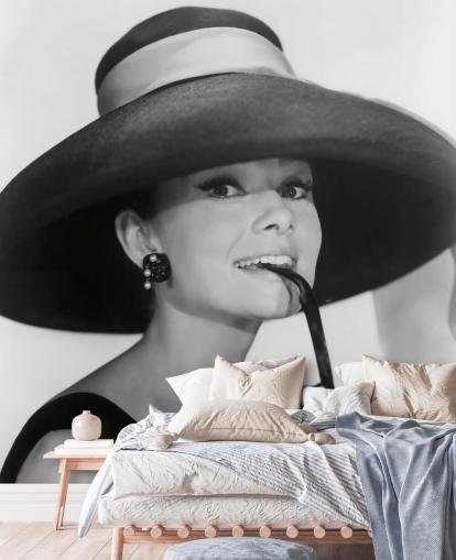 papier peint mural en noir et blanc de Breakfast at Tiffanys intitulé Audrey Hepburn (Breakfast at Tiffany's) pour les chambres, les entreprises et les bureaux