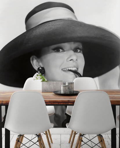 mural de papel de parede de café da manhã em preto e branco na Tiffany's chamado Audrey Hepburn (Café da manhã na Tiffany's) para quartos, empresas e escritórios mural de papel de parede de café da manhã em preto e branco na Tiffany's chamado Audrey Hepburn (Café da manhã na Tiffany's) para quartos, empresas e escritórios