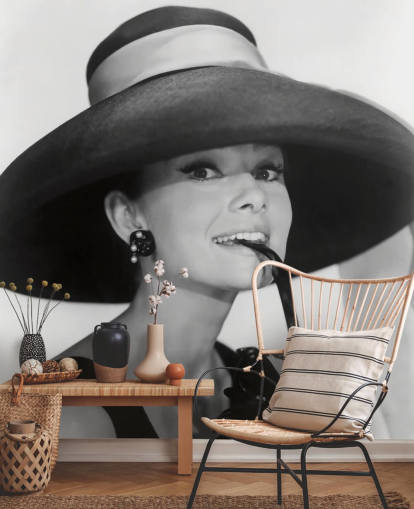 svart-hvitt frokost på tiffanys tapetmaleri kalt Audrey Hepburn (Frokost på Tiffany's) for soverom, bedrifter og kontorer