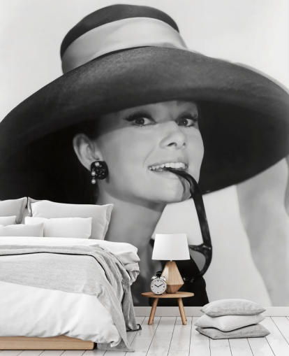 mural de papel pintado en blanco y negro llamado Audrey Hepburn (Desayuno en Tiffany's) para dormitorios, negocios y oficinas