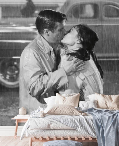 sort/hvid morgenmad på Tiffanys vægmaleri kaldet Audrey Hepburn & George Peppard (Morgenmad hos Tiffany's) 