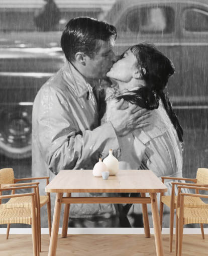 sort/hvid morgenmad på Tiffanys vægmaleri kaldet Audrey Hepburn & George Peppard (Morgenmad hos Tiffany's) 