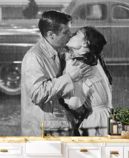 mustavalkoinen aamiainen Tiffanyn seinämaalauksessa nimeltä Audrey Hepburn & George Peppard (aamiainen Tiffany's) 