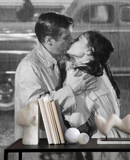 zwart-wit ontbijt bij Tiffany's muurschildering genaamd Audrey Hepburn & George Peppard (Breakfast at Tiffany's) 