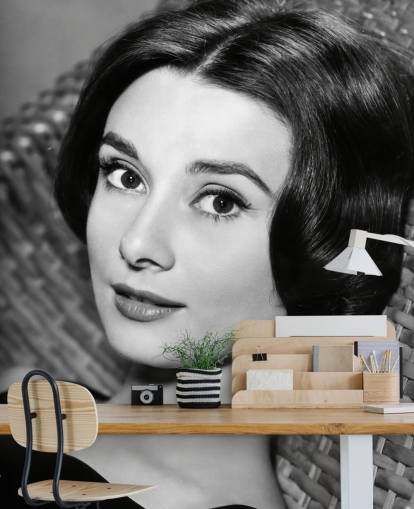 svartvit kärlek på eftermiddagen tapetväggmålning som heter Audrey Hepburn (Kärlek på eftermiddagen)