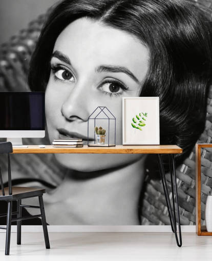 sort/hvid kærlighed om eftermiddagen tapetmaleri kaldet Audrey Hepburn (Kærlighed om eftermiddagen)