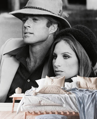 Schwarz-Weiß-Filmtapete mit dem Titel Barbra Streisand & Robert Redford (The Way We Were) Schwarz-Weiß-Filmtapete mit dem Titel Barbra Streisand & Robert Redford (The Way We Were)