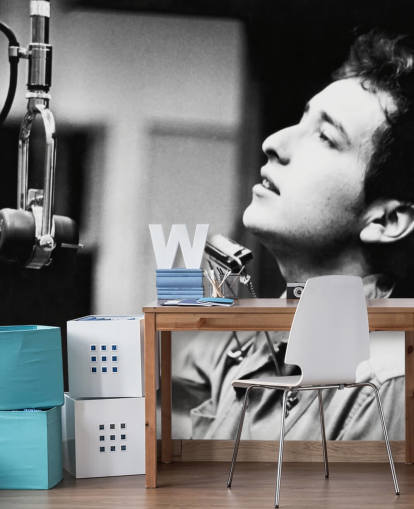 carta da parati murale Bob Dylan in bianco e nero per uffici, case e aziende