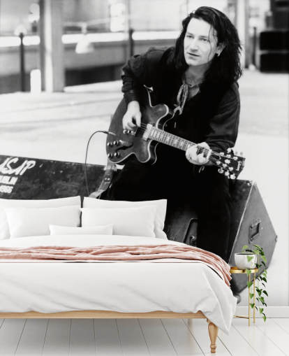 svart og hvitt u2 tapet veggmaleri kalt Bono (Rattle and Hum) for stuer, soverom og hjemmekontorer