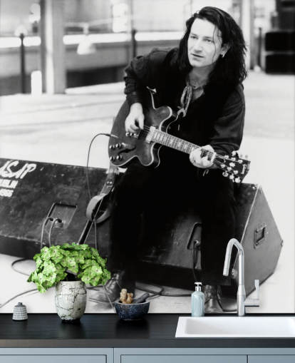 black and white u2 wallpaper mural called Bono (Rattle and Hum) for living rooms, bedrooms and home offices