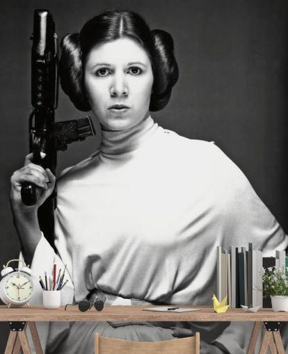 schwarz-weiße Star Wars-Filmtapete namens Carrie Fisher (Star Wars) für Schlafzimmer, Büros und Unternehmen schwarz-weiße Star Wars-Filmtapete namens Carrie Fisher (Star Wars) für Schlafzimmer, Büros und Unternehmen
