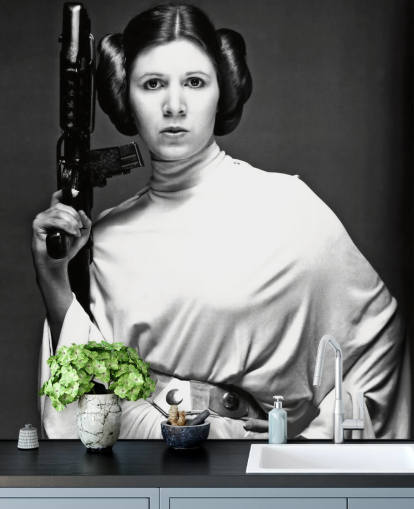 schwarz-weiße Star Wars-Filmtapete namens Carrie Fisher (Star Wars) für Schlafzimmer, Büros und Unternehmen schwarz-weiße Star Wars-Filmtapete namens Carrie Fisher (Star Wars) für Schlafzimmer, Büros und Unternehmen