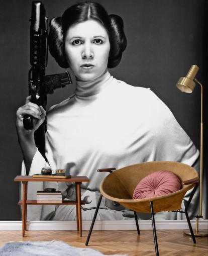 mural de papel pintado de la película Star Wars en blanco y negro llamado Carrie Fisher (Star Wars) para dormitorios, oficinas y negocios