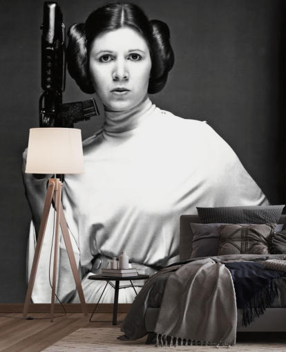 mural de papel pintado de la película Star Wars en blanco y negro llamado Carrie Fisher (Star Wars) para dormitorios, oficinas y negocios
