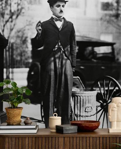 svart og hvitt Charlie Chaplin (City Lights) II tapetmaleri for soverom, stuer og hjemmekontorer