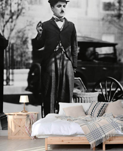 mural de papel pintado en blanco y negro de Charlie Chaplin (City Lights) II para dormitorios, salas de estar y oficinas en casa