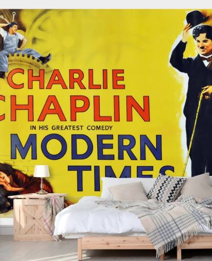 Carta da parati murale con Charlie Chaplin intitolata Modern Times Movie Poster per camere da letto, salotti e uffici domestici