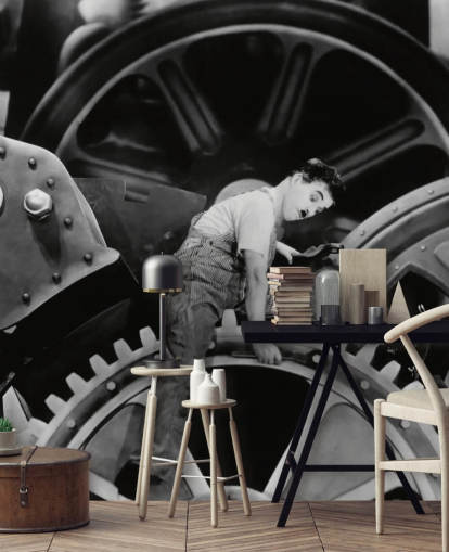 svart og hvitt Charlie Chaplin tapetmaleri kalt Charlie Chaplin (Modern Times)