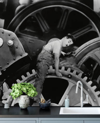 svart og hvitt Charlie Chaplin tapetmaleri kalt Charlie Chaplin (Modern Times)