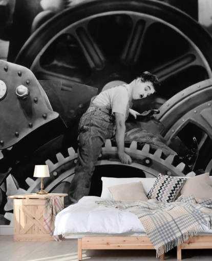 schwarz-weißes Charlie Chaplin Tapeten-Wandbild namens Charlie Chaplin (Modern Times) schwarz-weißes Charlie Chaplin Tapeten-Wandbild namens Charlie Chaplin (Modern Times)