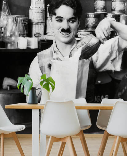 mural de papel pintado de Charlie Chaplin en blanco y negro llamado Charlie Chaplin (The Floorwalker)
