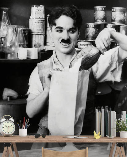 black and white charlie chaplin wallpaper mural called Charlie Chaplin (The Floorwalker)