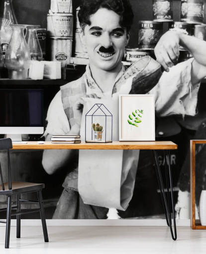 sort og hvid Charlie Chaplin tapetmaleri kaldet Charlie Chaplin (The Floorwalker) sort og hvid Charlie Chaplin tapetmaleri kaldet Charlie Chaplin (The Floorwalker)